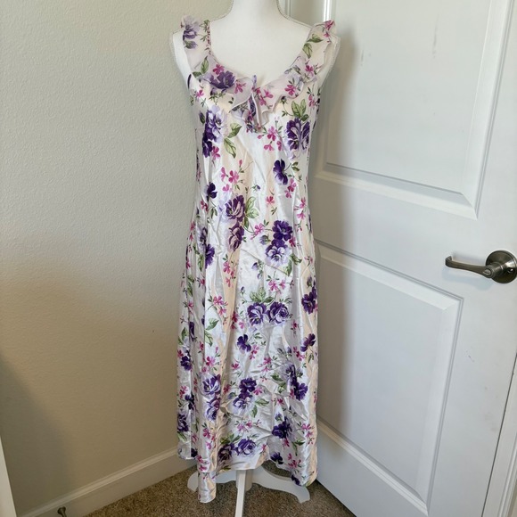 Morgan Taylor Intimates Other - Morgan Taylor Intimates Floral Satin Nightgown Purple Pink Rose Ruffle Midi Med